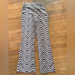 Urban Outfitters UO Bryn Pull On Flare Pants in a brown and cream swirl motif.